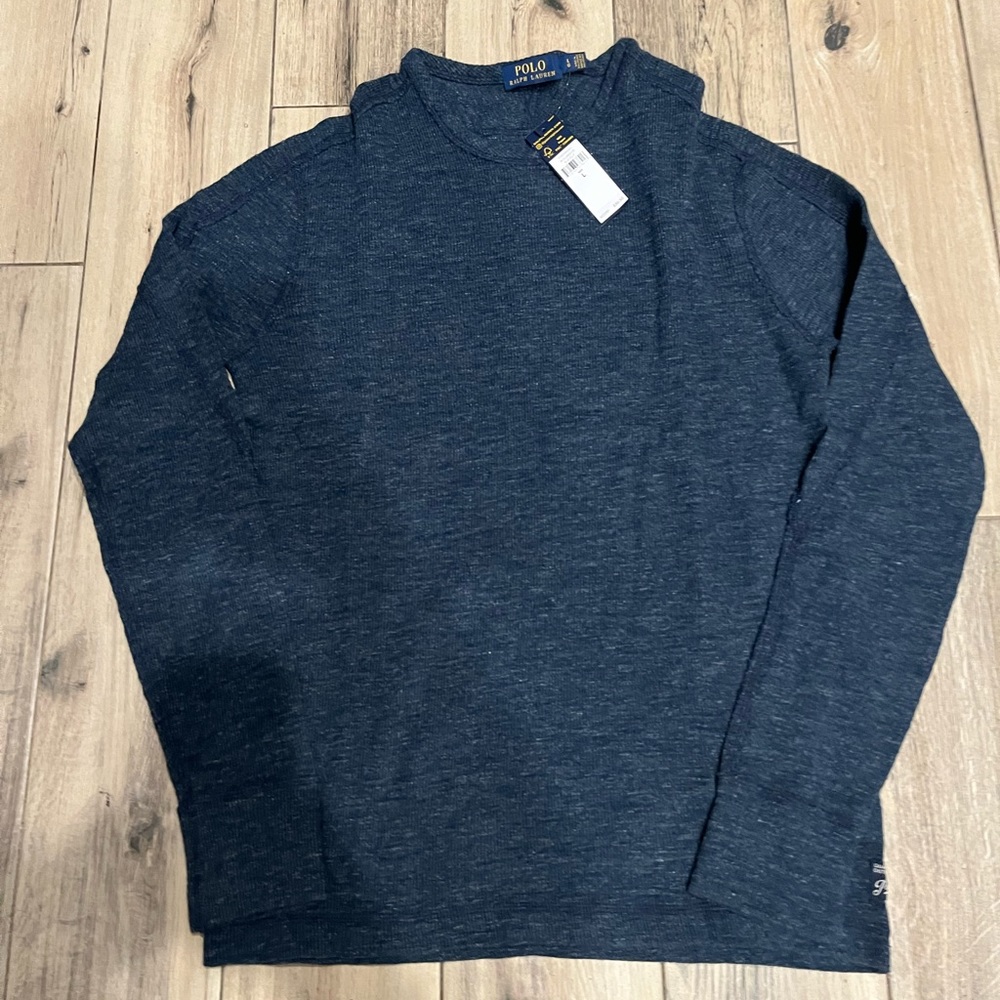 Ralph Lauren Polo Shirt Mens Large Blue Waffle Knit Long Sleeve Crew Pony